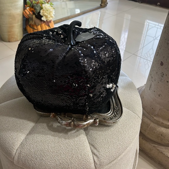 Bella Lux Big Plush Black And Silver Sequin Pumpkin Decor